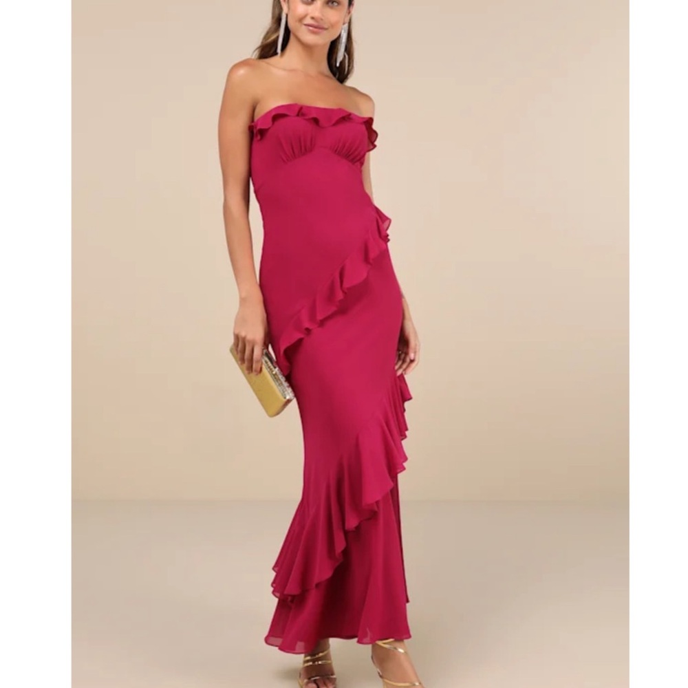 New Lulus Elegant Strapless Ruffle Dress in Burgundy Maxi Gown Sz Large